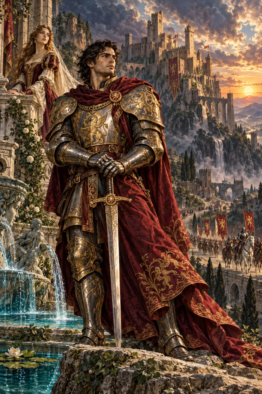 Un paladino in armatura con la spada e, alle sue spalle, una dama: l'illustrazione di copertina del libretto dei personaggi